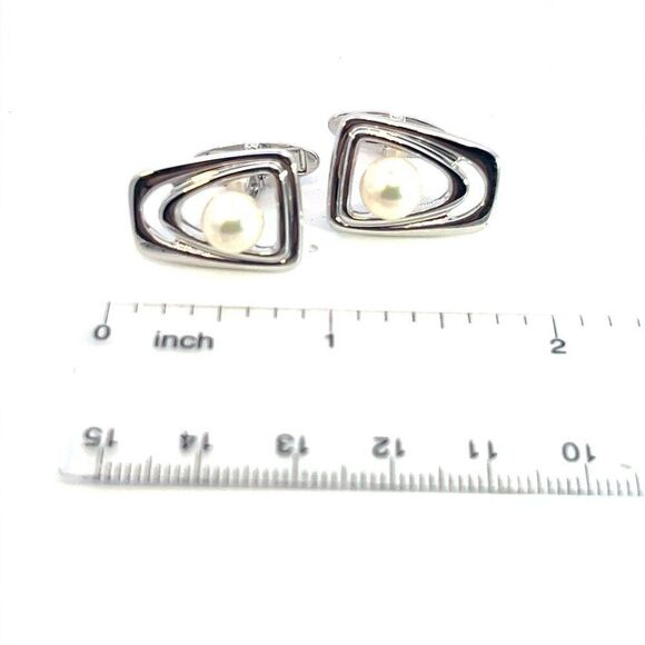 Mikimoto Estate Akoya Pearl Cufflinks + Tie Pin Set Sterling Silver 7.20 mm M384 - Picture 8 of 8